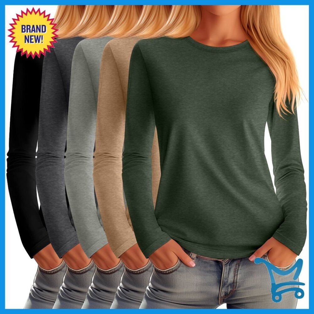 Women's Long Sleeve Crew Neck Cotton Blend Tees Multipack Casual Layering Tops